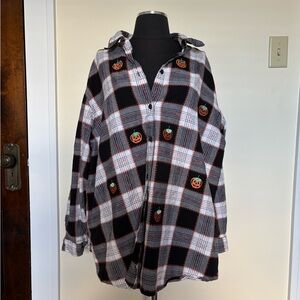 Vintage Plaid Button-Up Shirt with Pumpkin Embroidery